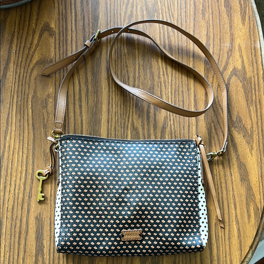 Fossil Black and Tan Geometric Crossbody Bag